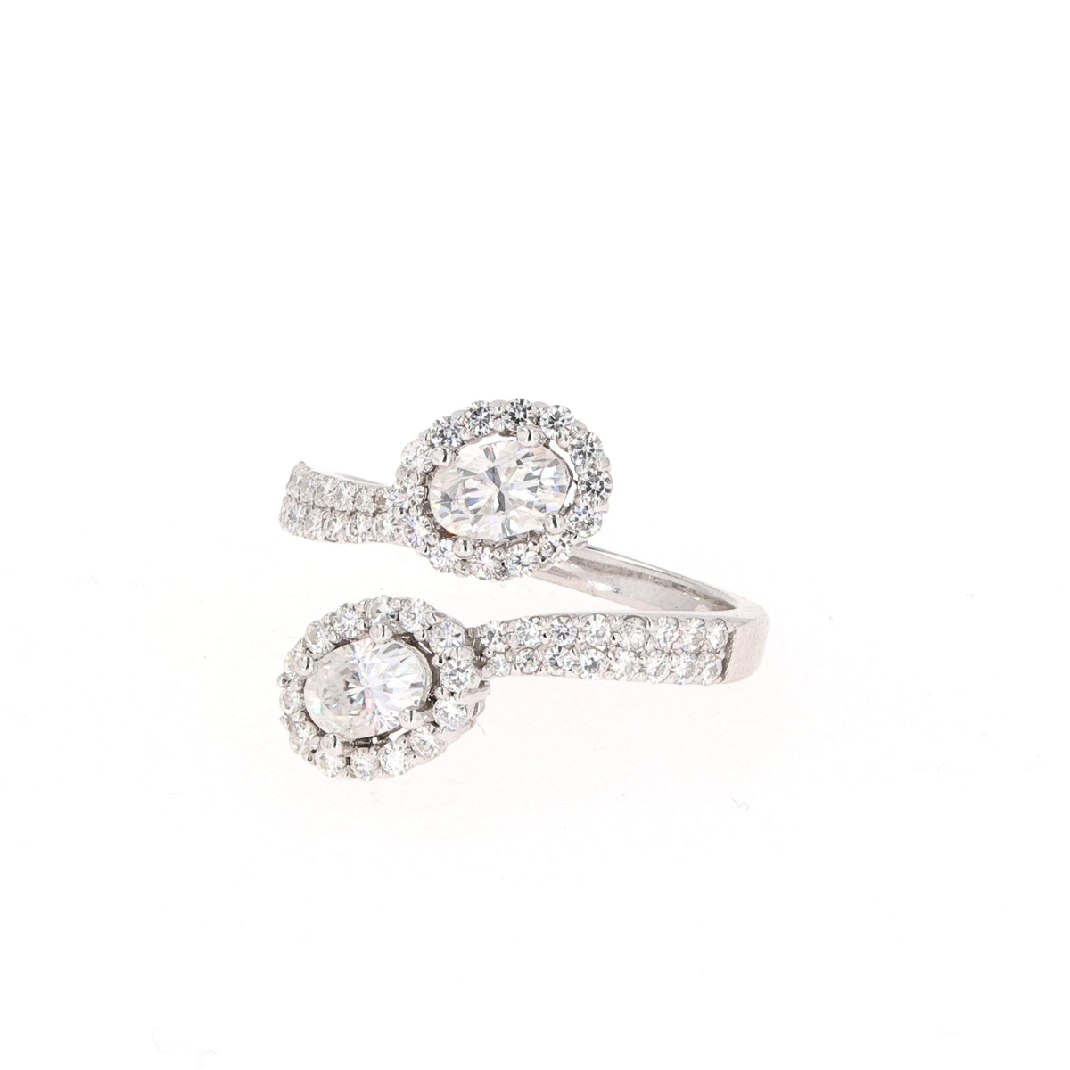 1.83 CTW DEW Oval Moissanite Two-Stone Bypass Ring in 14K White Gold
