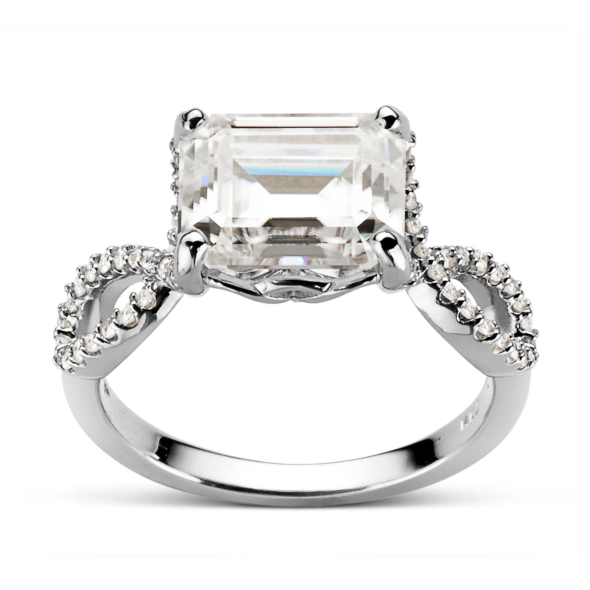 3.80 CTW DEW Emerald Moissanite East-West Twist Side-Stone Engagement Ring in 14K White Gold