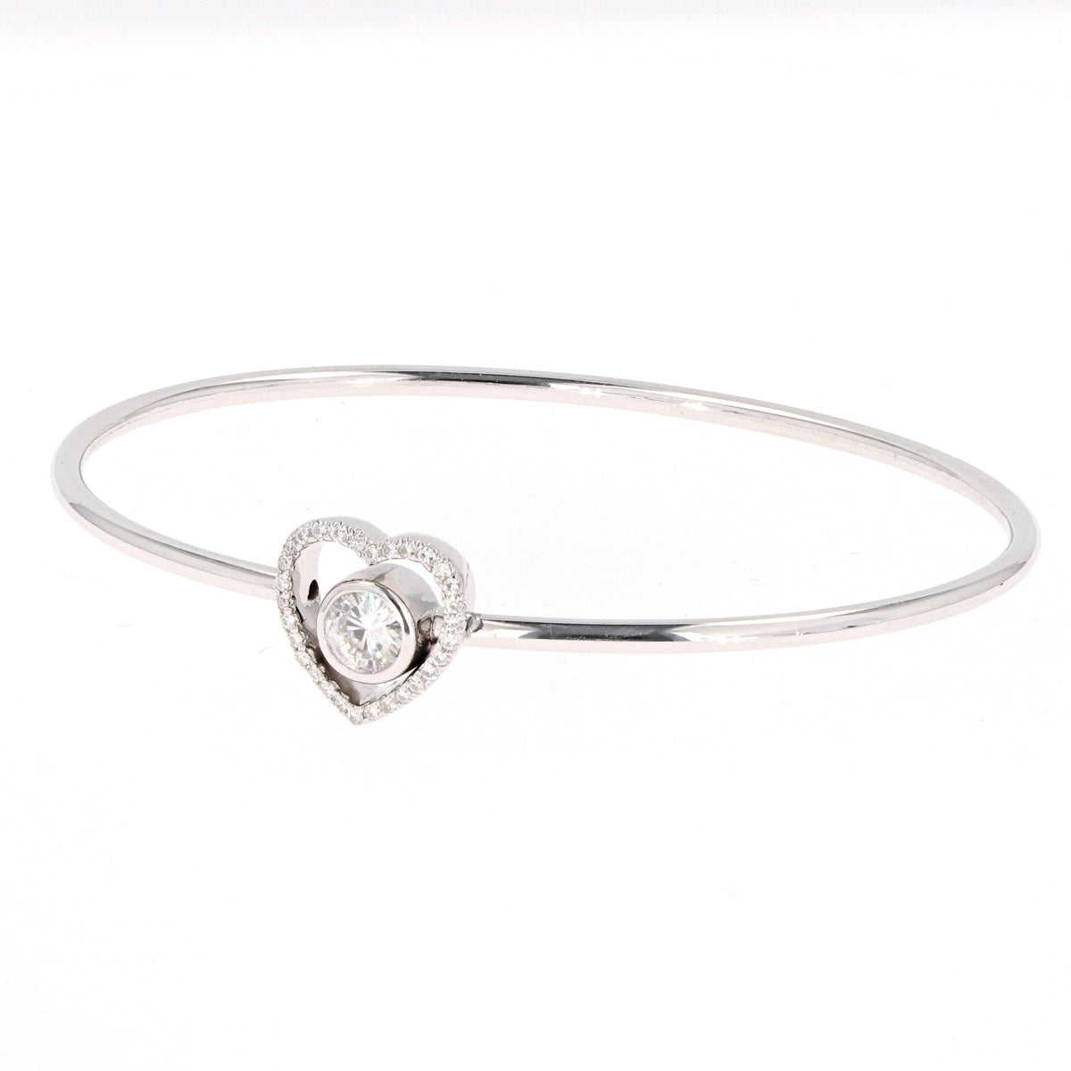 0.65 CTW DEW Moissanite Pave Heart Bangle Bracelet in 14K White Gold