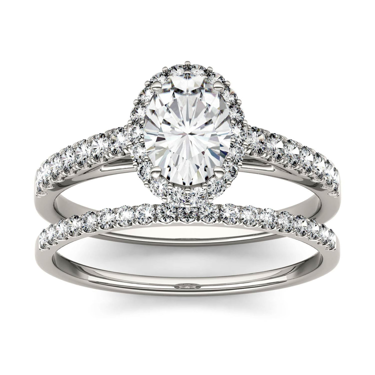 1.28 CTW DEW Oval Moissanite Side-Stone Halo Bridal Set in 14K White Gold