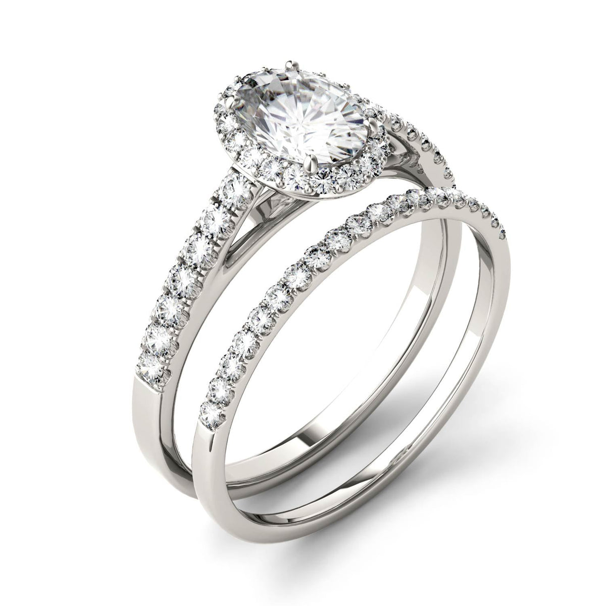 1.28 CTW DEW Oval Moissanite Side-Stone Halo Bridal Set in 14K White Gold