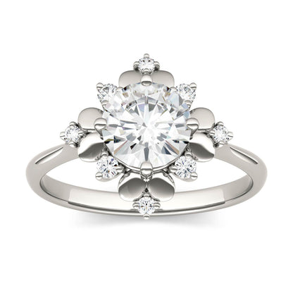 1.11 CTW DEW Round Moissanite Halo Fashion Ring in 14K White Gold