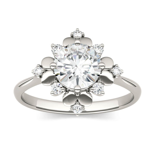 1.11 CTW DEW Round Moissanite Halo Fashion Ring in 14K White Gold