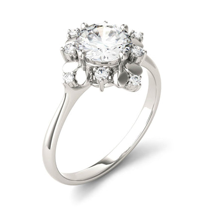 1.11 CTW DEW Round Moissanite Halo Fashion Ring in 14K White Gold