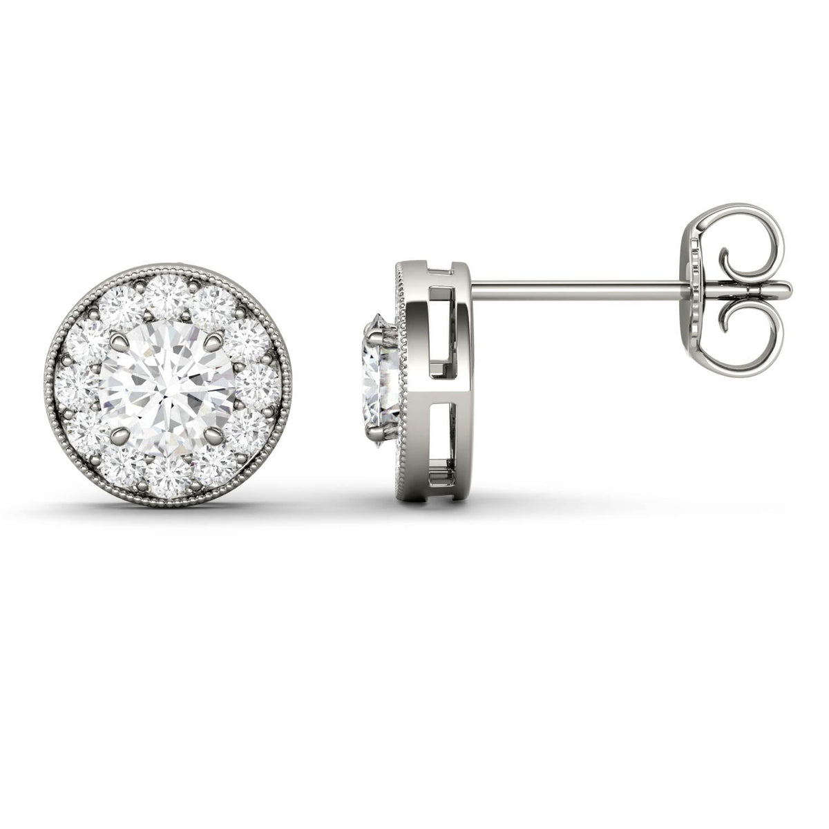 0.70 CTW DEW Round Moissanite Petite Halo Stud Earrings in 14K White Gold