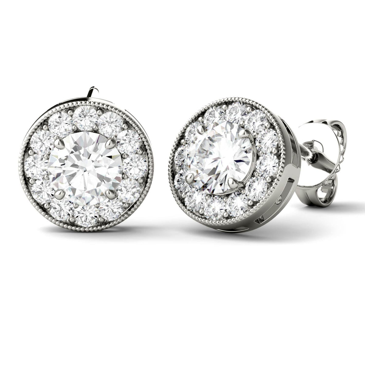 0.70 CTW DEW Round Moissanite Petite Halo Stud Earrings in 14K White Gold