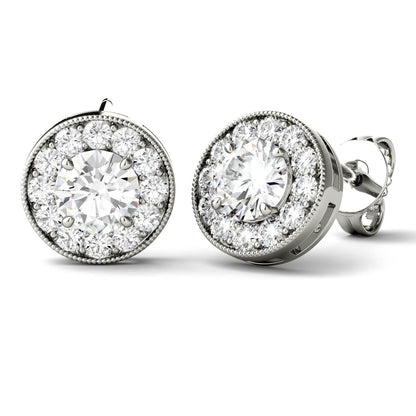 0.70 CTW DEW Round Moissanite Petite Halo Stud Earrings in 14K White Gold