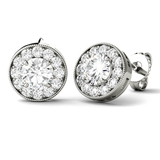 0.70 CTW DEW Round Moissanite Petite Halo Stud Earrings in 14K White Gold