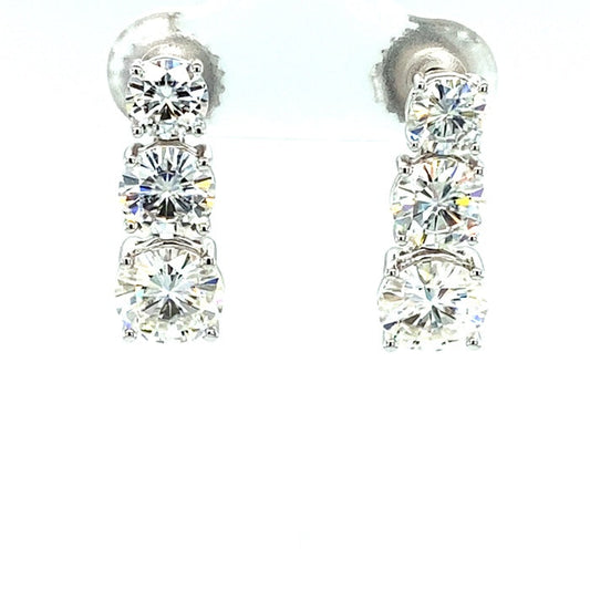 5.00 CTW DEW Round Moissanite Three-Stone Drop Stud Earrings in 14K White Gold
