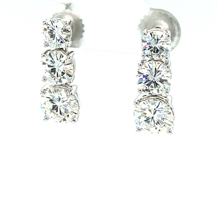 5.00 CTW DEW Round Moissanite Three-Stone Drop Stud Earrings in 14K White Gold