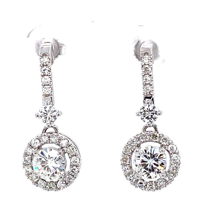 2.03 CTW DEW Round Moissanite Halo Drop Earrings in 14K White Gold