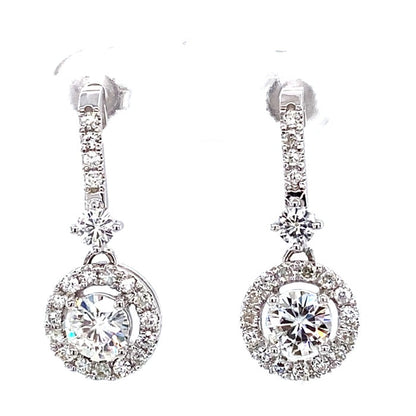 2.03 CTW DEW Round Moissanite Halo Drop Earrings in 14K White Gold