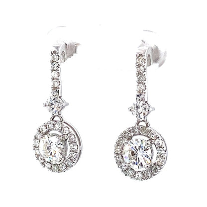 2.03 CTW DEW Round Moissanite Halo Drop Earrings in 14K White Gold