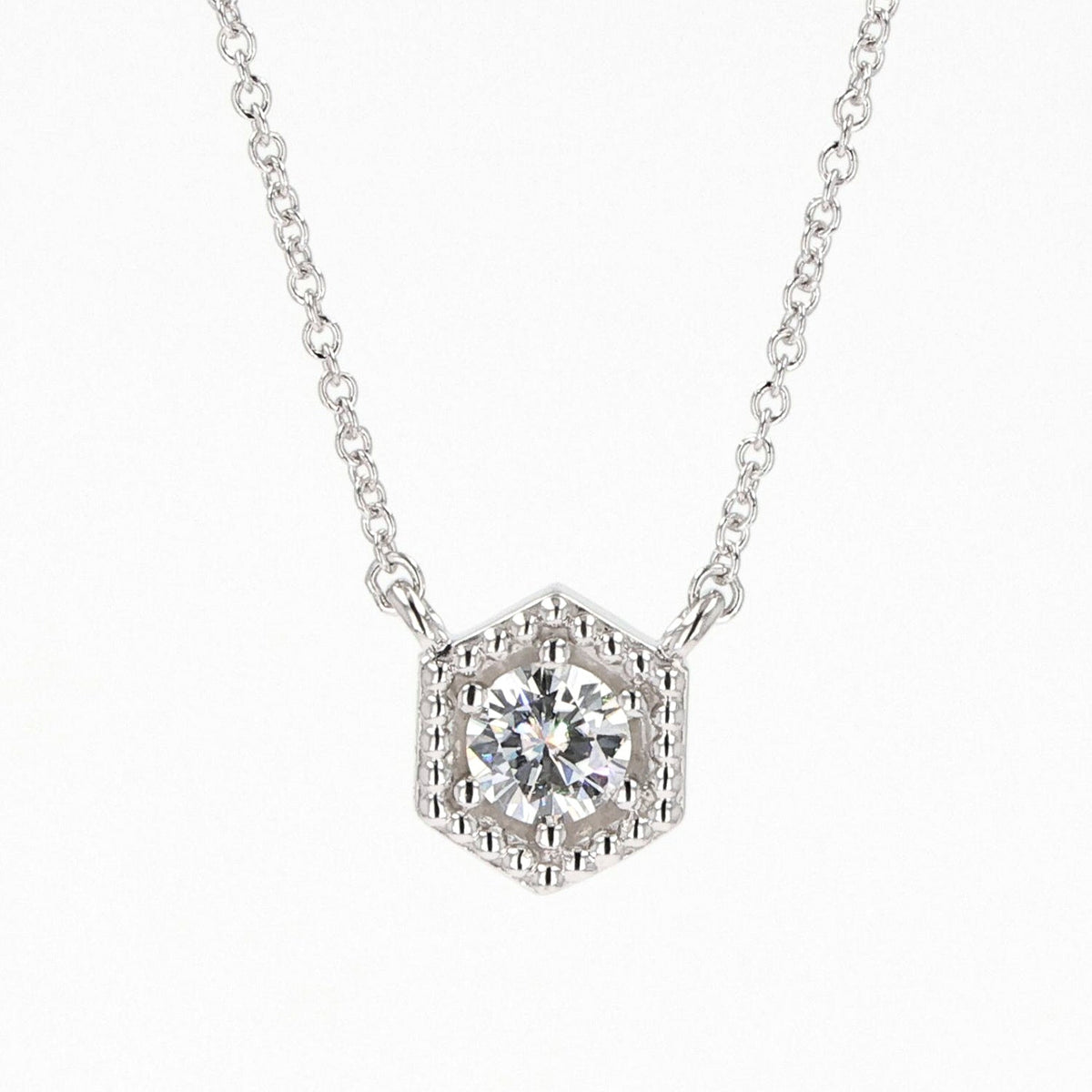 0.33 CTW DEW Round Moissanite Geometric Bead Halo Necklace in Sterling Silver