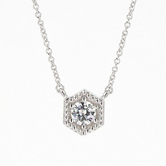 0.33 CTW DEW Round Moissanite Geometric Bead Halo Necklace in Sterling Silver