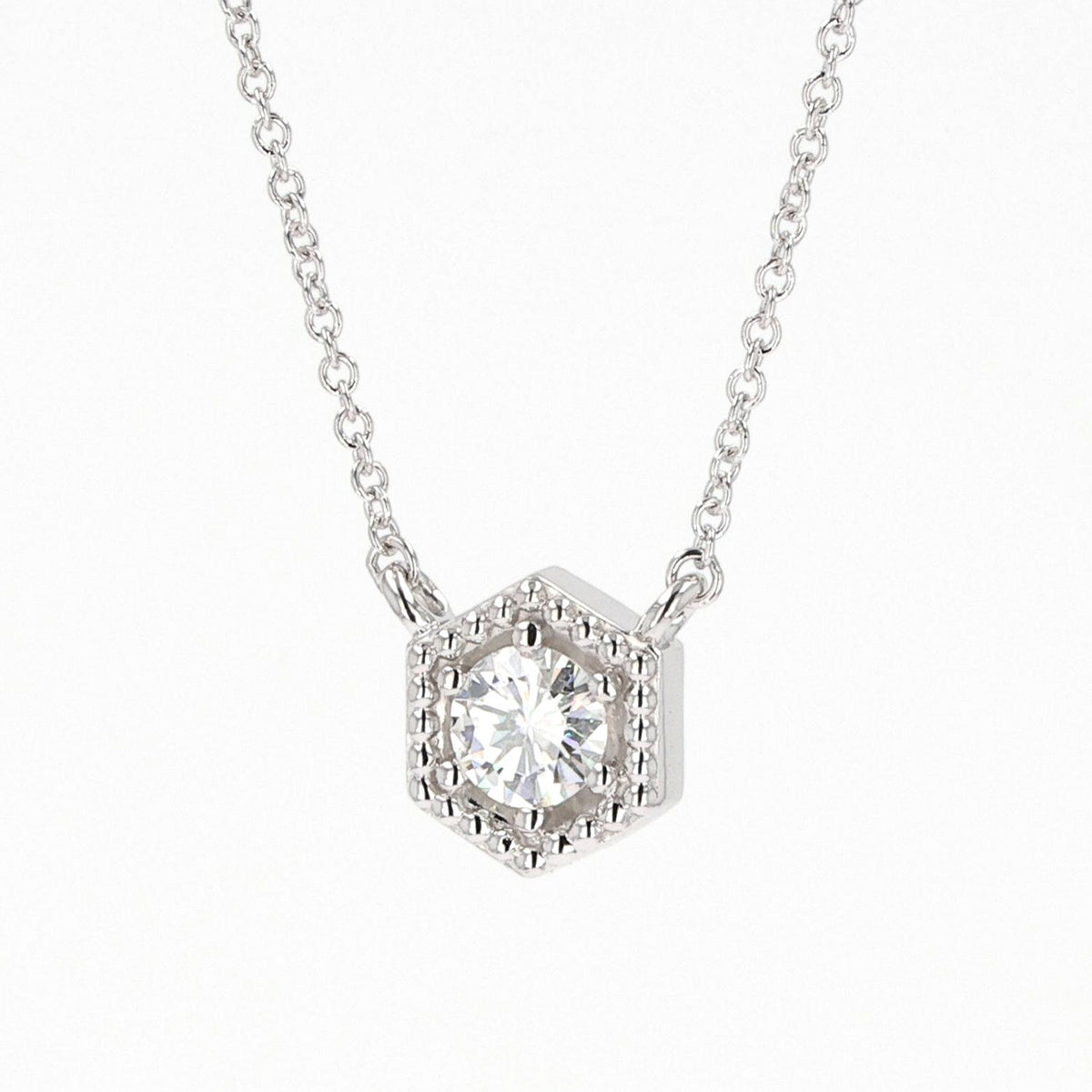 0.33 CTW DEW Round Moissanite Geometric Bead Halo Necklace in Sterling Silver