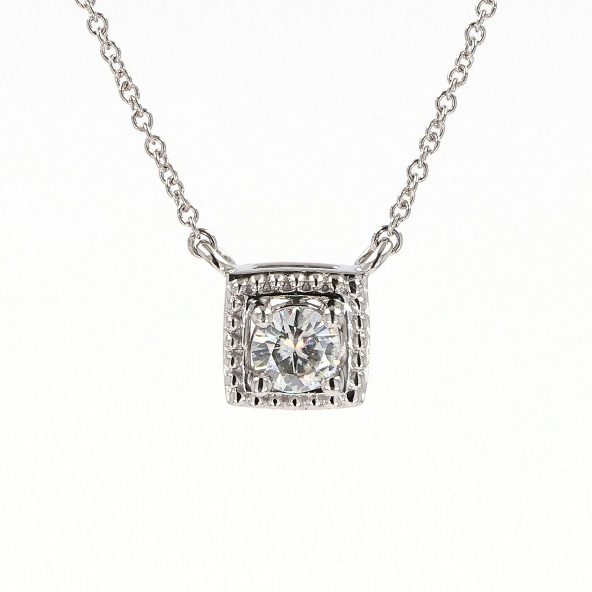 0.33 CTW DEW Round Moissanite Square Bead Halo Necklace in Sterling Silver