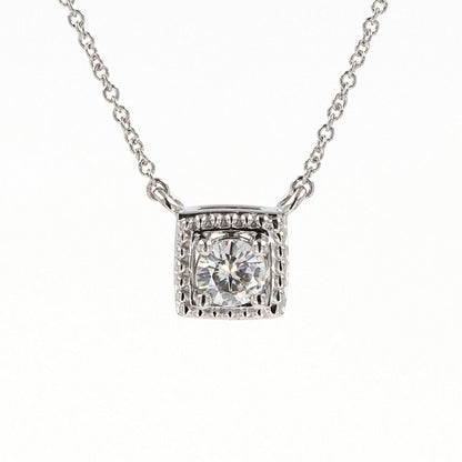 0.33 CTW DEW Round Moissanite Square Bead Halo Necklace in Sterling Silver
