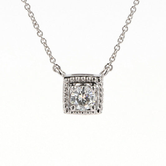 0.33 CTW DEW Round Moissanite Square Bead Halo Necklace in Sterling Silver
