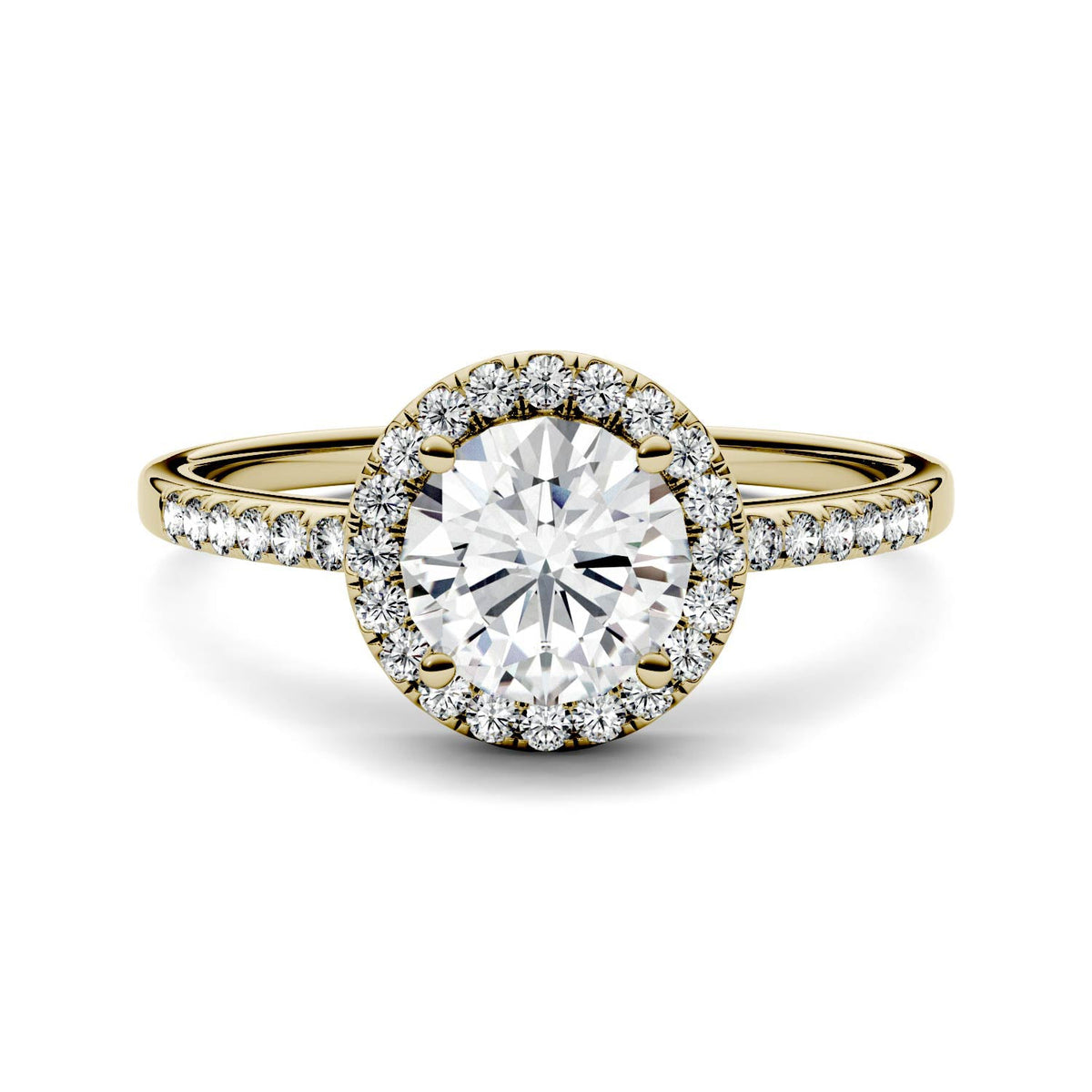 1.30 CTW DEW Round Moissanite Halo Ring in 14K Yellow Gold