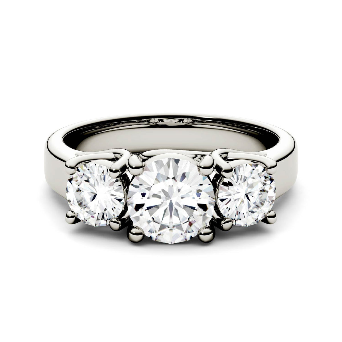 2.00 CTW DEW Round Moissanite Three-Stone Trellis Ring in 14K White Gold