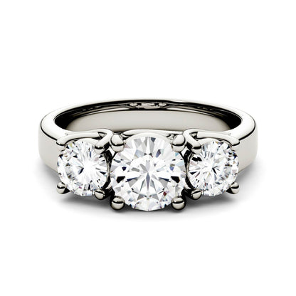 2.00 CTW DEW Round Moissanite Three-Stone Trellis Ring in 14K White Gold
