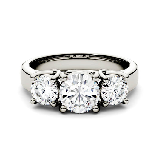2.00 CTW DEW Round Moissanite Three-Stone Trellis Ring in 14K White Gold