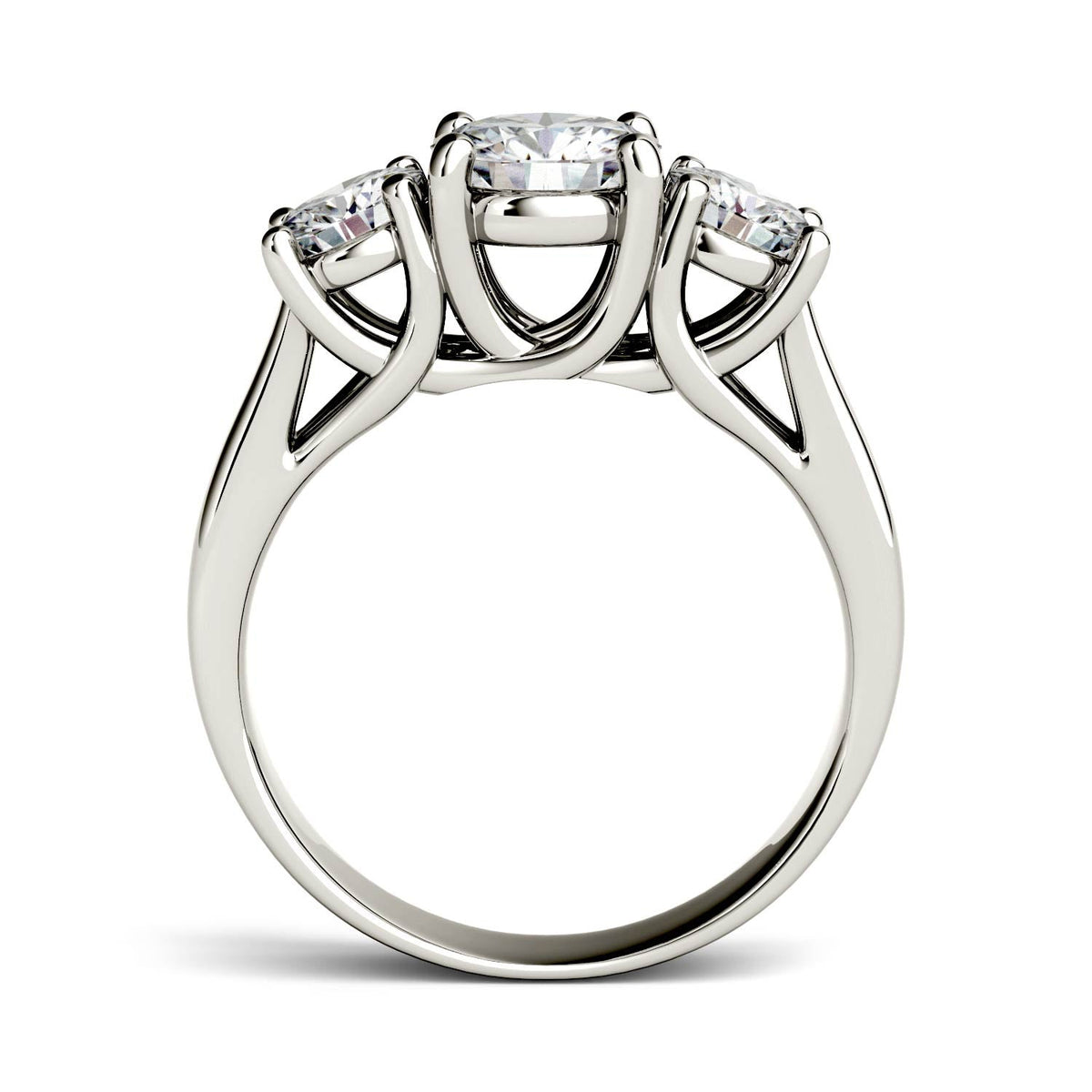 2.00 CTW DEW Round Moissanite Three-Stone Trellis Ring in 14K White Gold