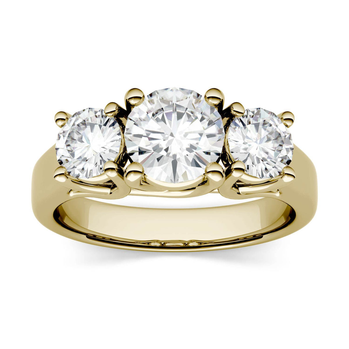 2.00 CTW DEW Round Moissanite Three-Stone Ring in 14K Yellow Gold