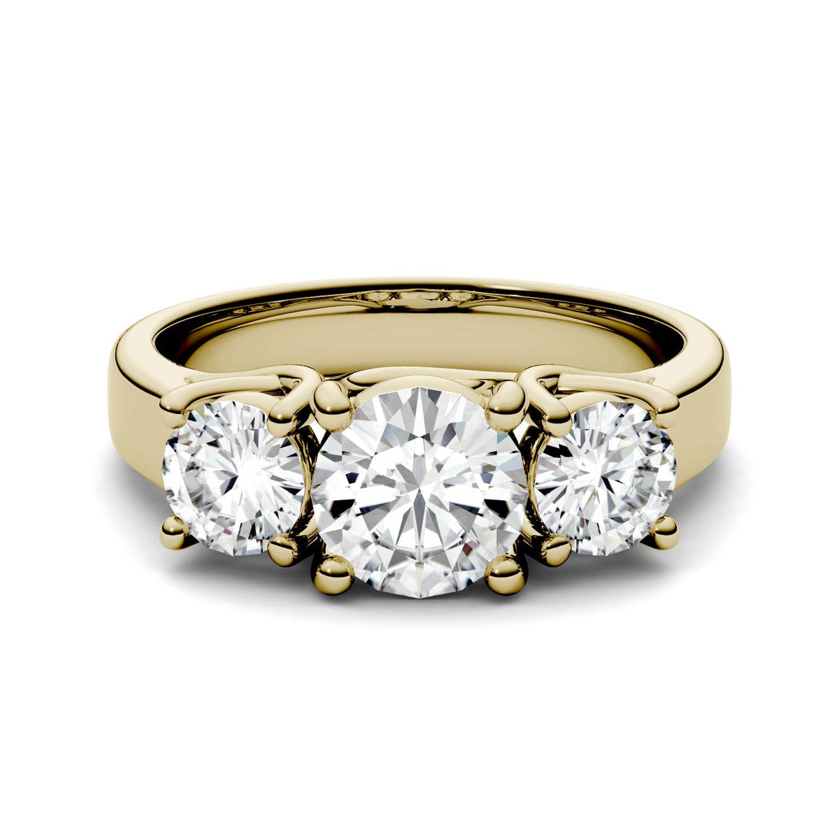 2.00 CTW DEW Round Moissanite Three-Stone Ring in 14K Yellow Gold