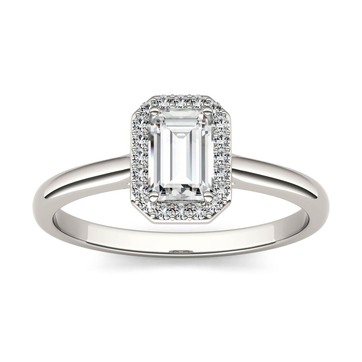 0.68 CTW DEW Emerald Moissanite Halo Ring in 14K White Gold