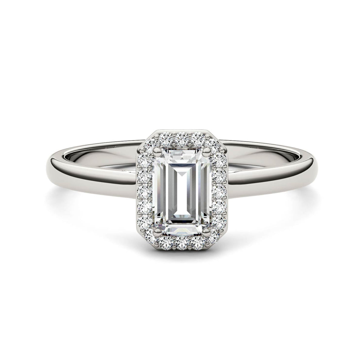 0.68 CTW DEW Emerald Moissanite Halo Ring in 14K White Gold