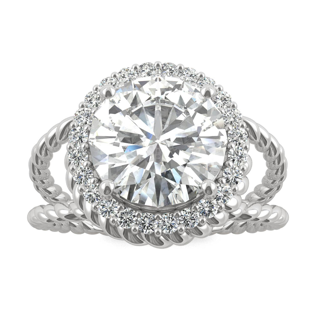 2.94 CTW DEW Round Moissanite Halo Split-Shank Engagement Ring in 14K White Gold