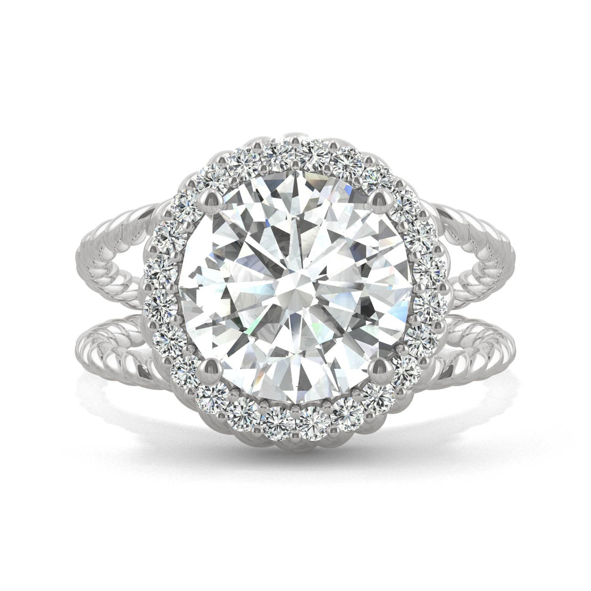 2.94 CTW DEW Round Moissanite Halo Split-Shank Engagement Ring in 14K White Gold
