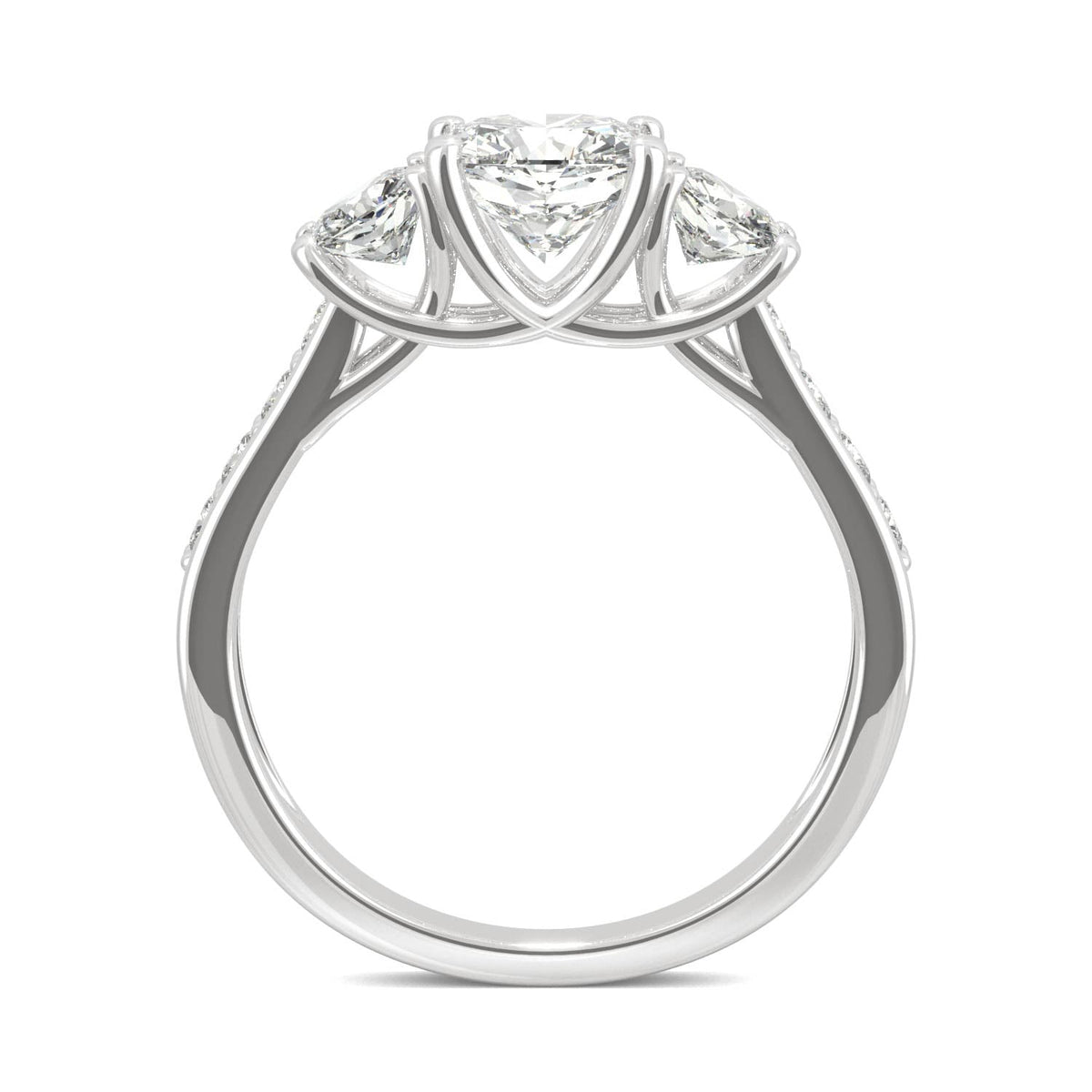 2.14 CTW DEW Cushion Moissanite Three-Stone Ring in 14K White Gold