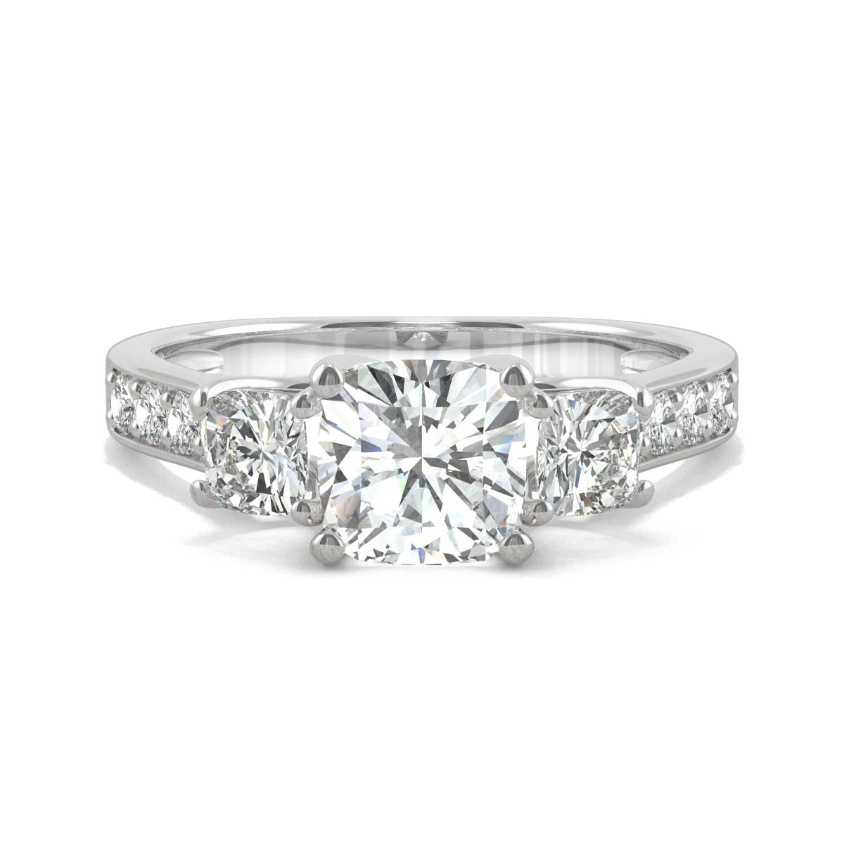 2.14 CTW DEW Cushion Moissanite Three-Stone Ring in 14K White Gold