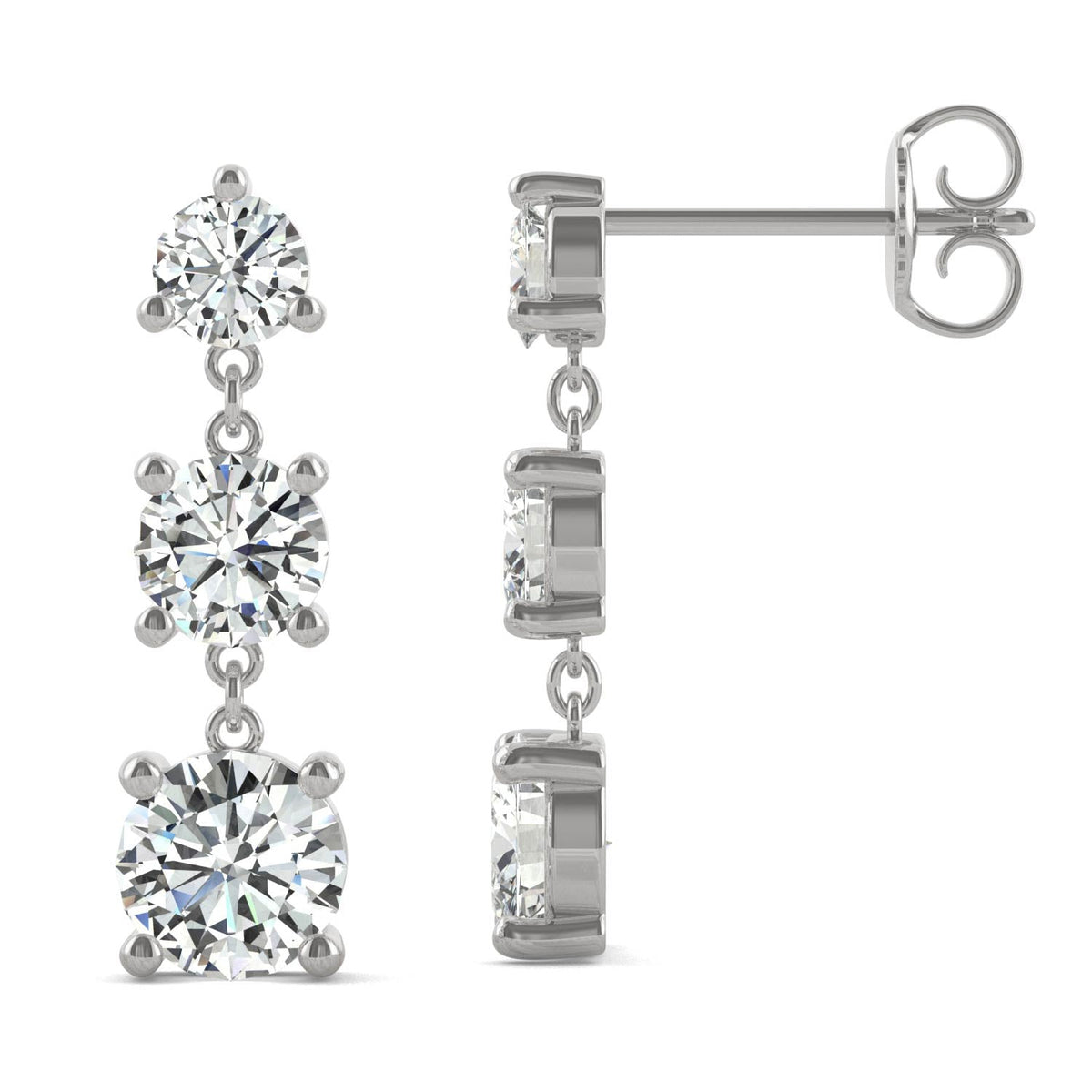 2.18 CTW DEW Round Moissanite Graduated Drop Earrings in 14K White Gold