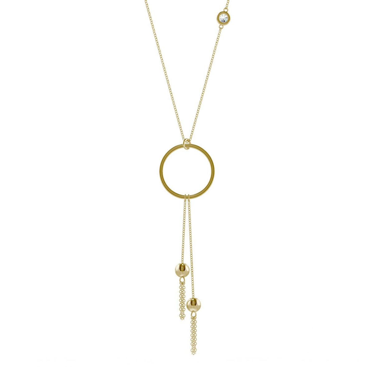 0.10 CTW DEW Round Moissanite Drop Lariat Necklace in 14K Yellow Gold
