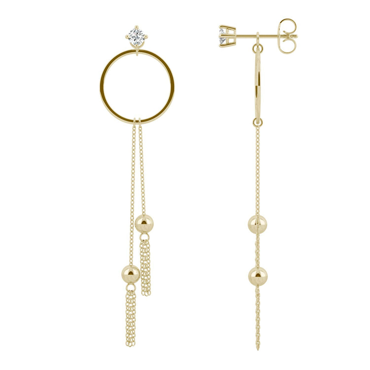 0.20 CTW DEW Moissanite Circle Chain Drop Earrings in 14K Yellow Gold