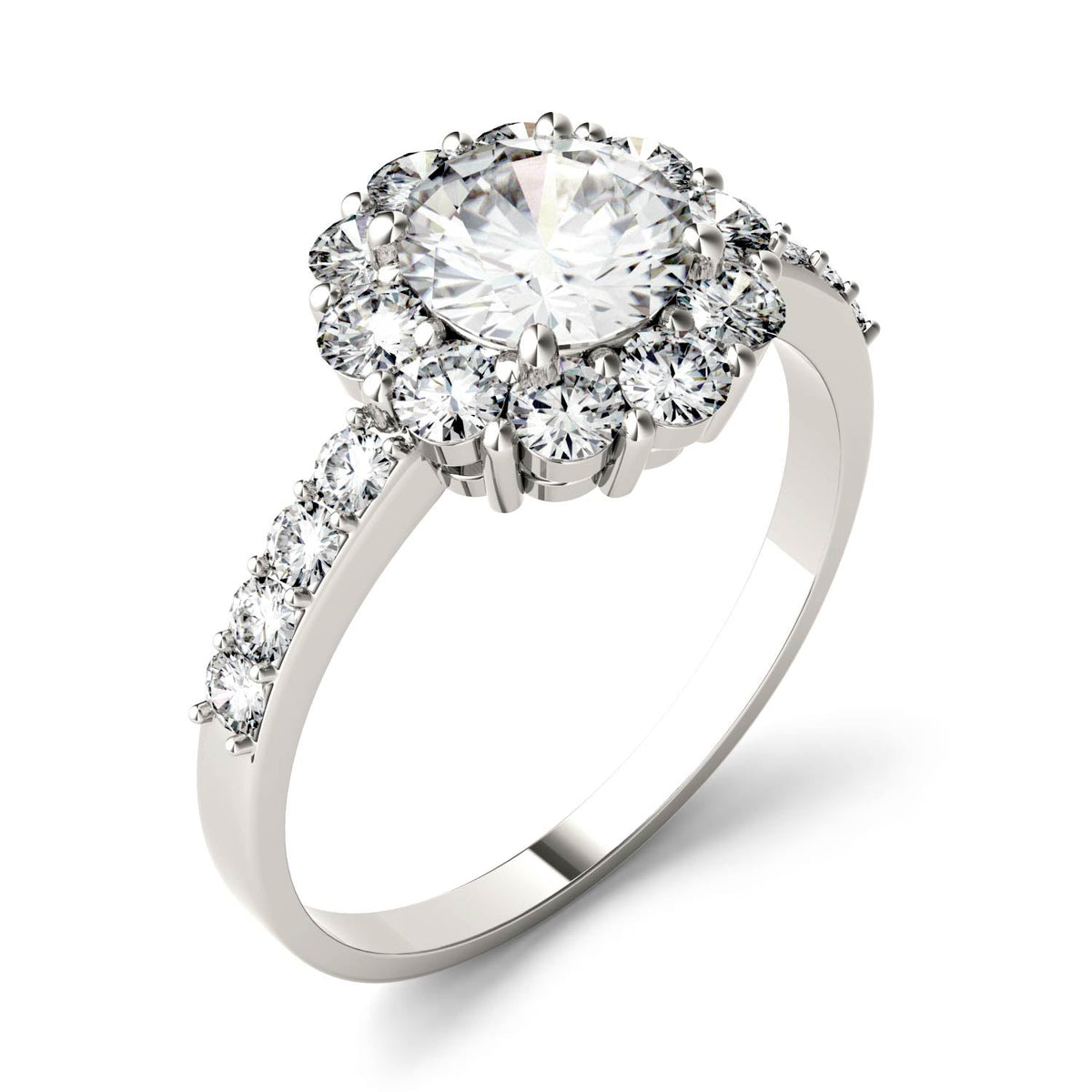 1.78 CTW DEW Round Moissanite Flower Halo Engagement Ring in 14K White Gold