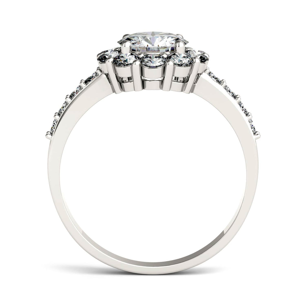 1.78 CTW DEW Round Moissanite Flower Halo Engagement Ring in 14K White Gold