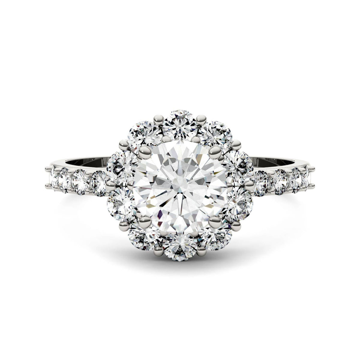 1.78 CTW DEW Round Moissanite Flower Halo Engagement Ring in 14K White Gold