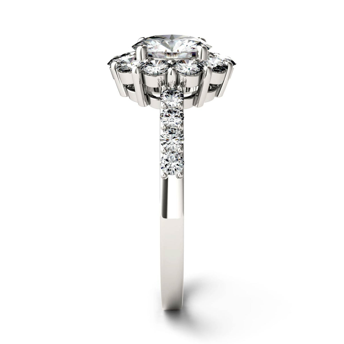 1.78 CTW DEW Round Moissanite Flower Halo Engagement Ring in 14K White Gold