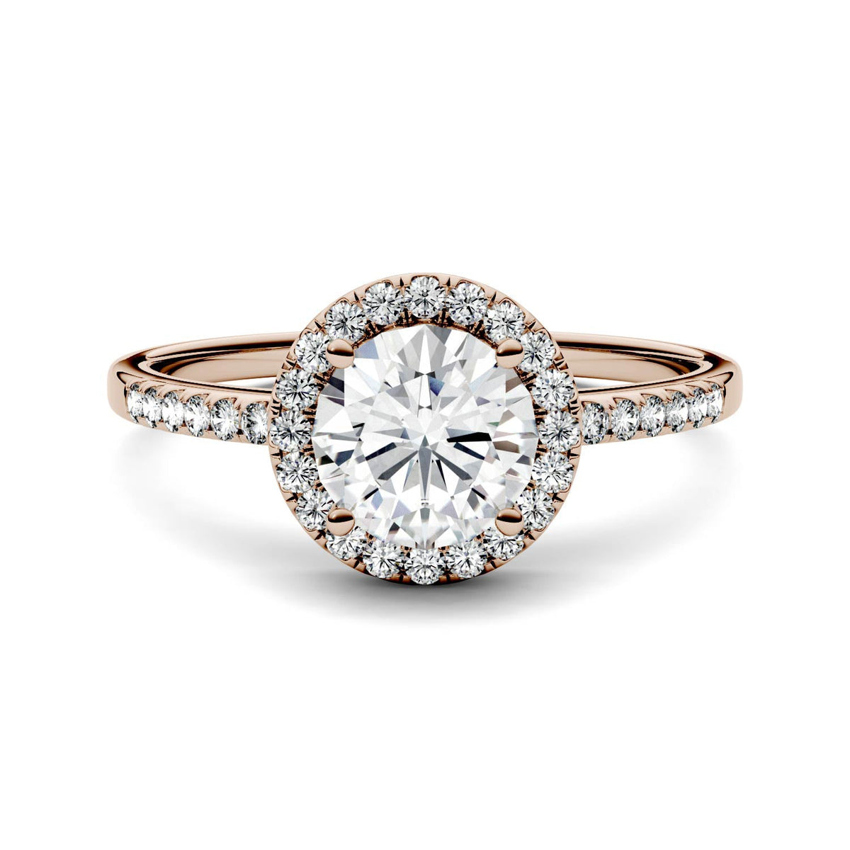 1.30 CTW DEW Round Moissanite Halo Ring in 14K Rose Gold