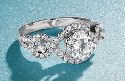1.76 CTW DEW Round Moissanite Halo Twist Engagement Ring in 14K White Gold