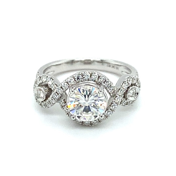 1.76 CTW DEW Round Moissanite Halo Twist Engagement Ring in 14K White Gold