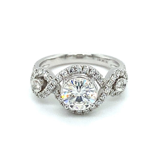 1.76 CTW DEW Round Moissanite Halo Twist Engagement Ring in 14K White Gold