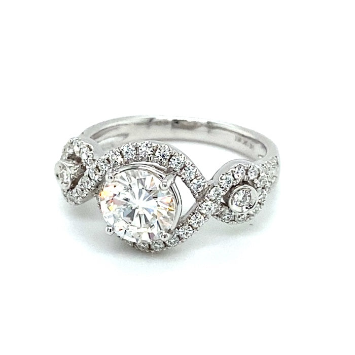 1.76 CTW DEW Round Moissanite Halo Twist Engagement Ring in 14K White Gold