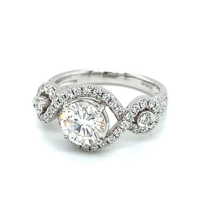 1.76 CTW DEW Round Moissanite Halo Twist Engagement Ring in 14K White Gold