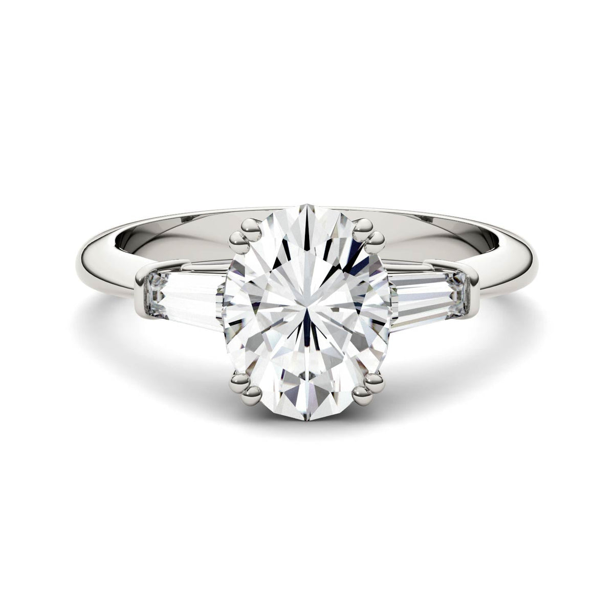2.47 CTW DEW Oval Moissanite Three-Stone Engagement Ring in 14K White Gold
